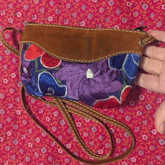 Western Embroidered Suede Floral Mini Bag Dopamine Dressing Festival Boho VTG - Picture 3 of 9